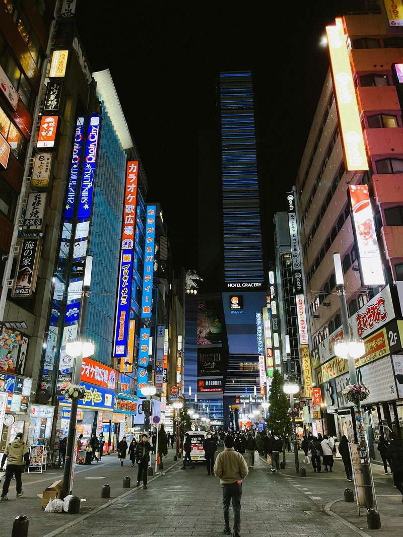Calle concurrida en el distrito de entretenimiento de Kabukicho, Shinjuku, Tokio, con el Hotel Gracery Shinjuku al fondo