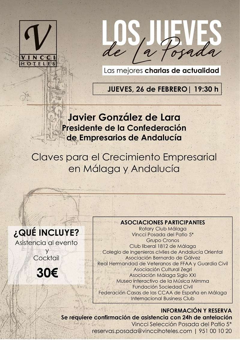 “Los Jueves de Vincci Posada del Patio”, un ciclo de conferencias que se celebra de forma continuada desde 2021 y que se ha consolidado como una de las citas culturales y empresariales más destacadas de Málaga